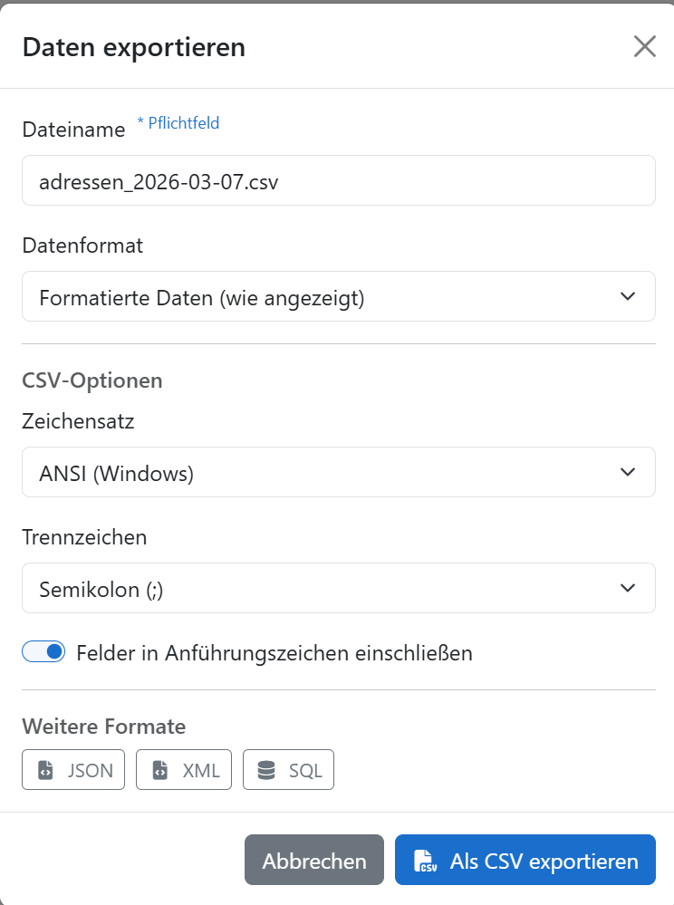 Export Dialog Einstellungen