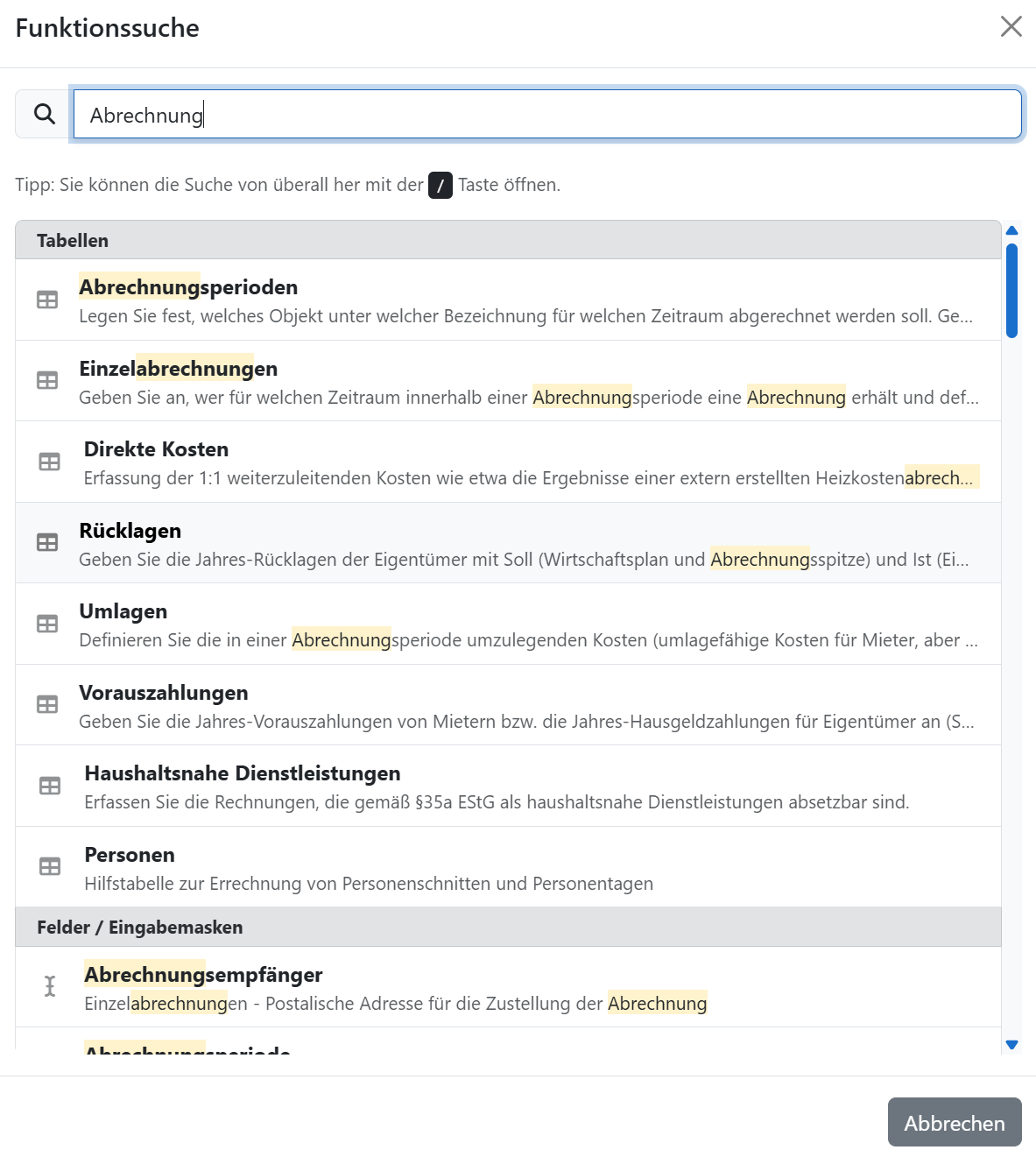 Vorschau der Funktionssuche