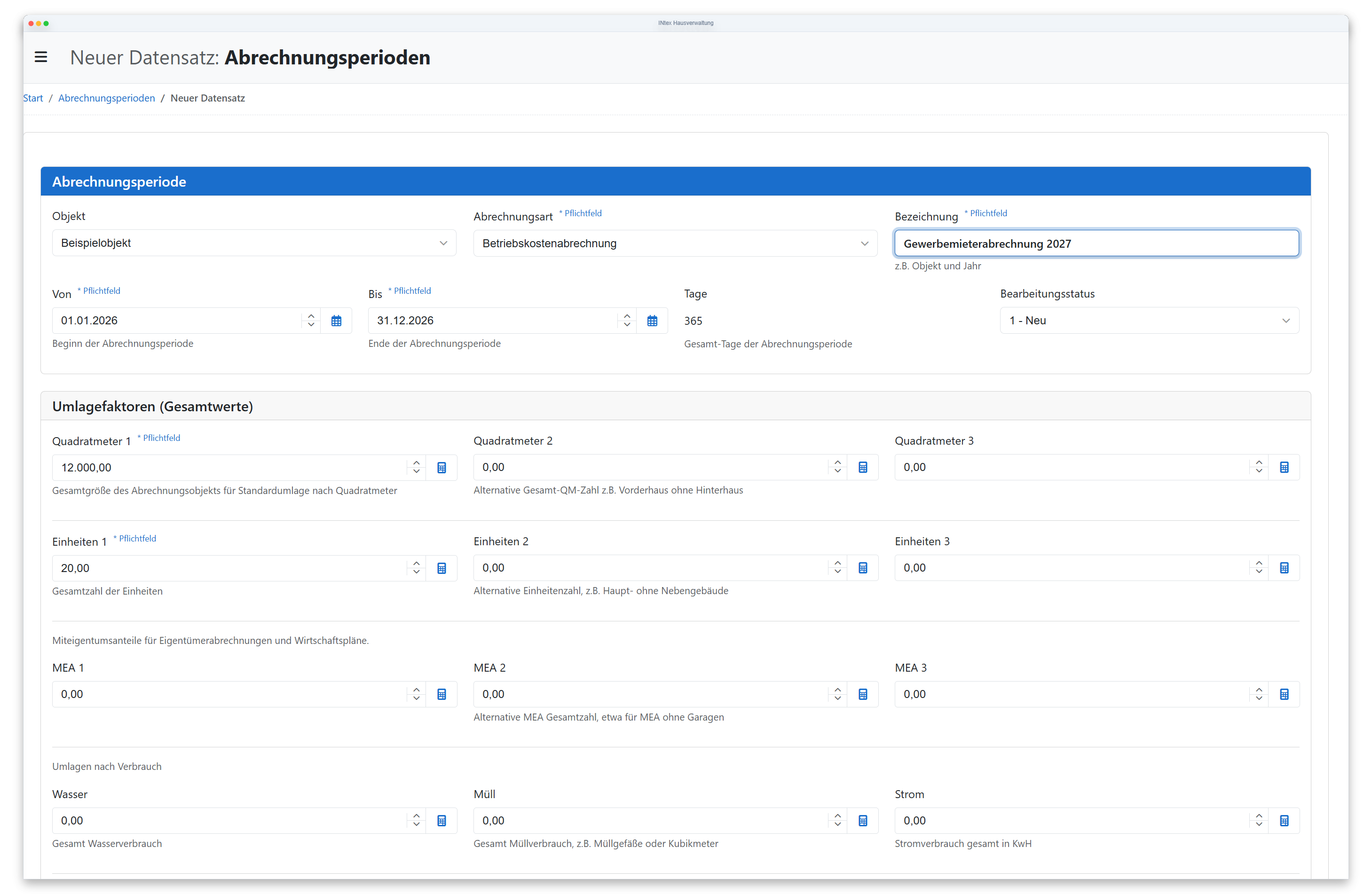 INtex Hausverwaltung Gewerbemieterabrechnung Übersicht