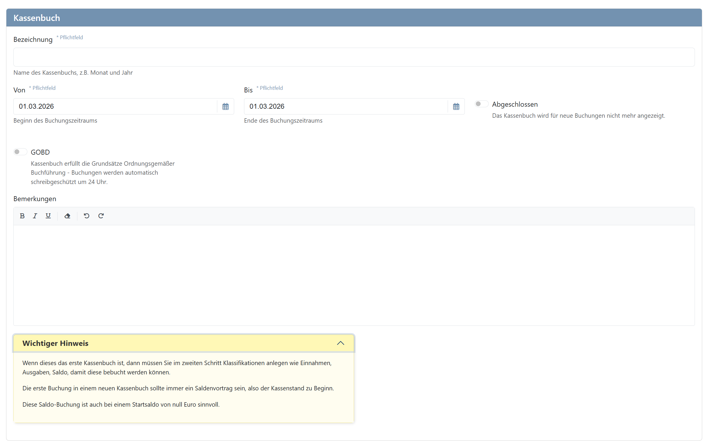 Neues Kassenbuch erstellen