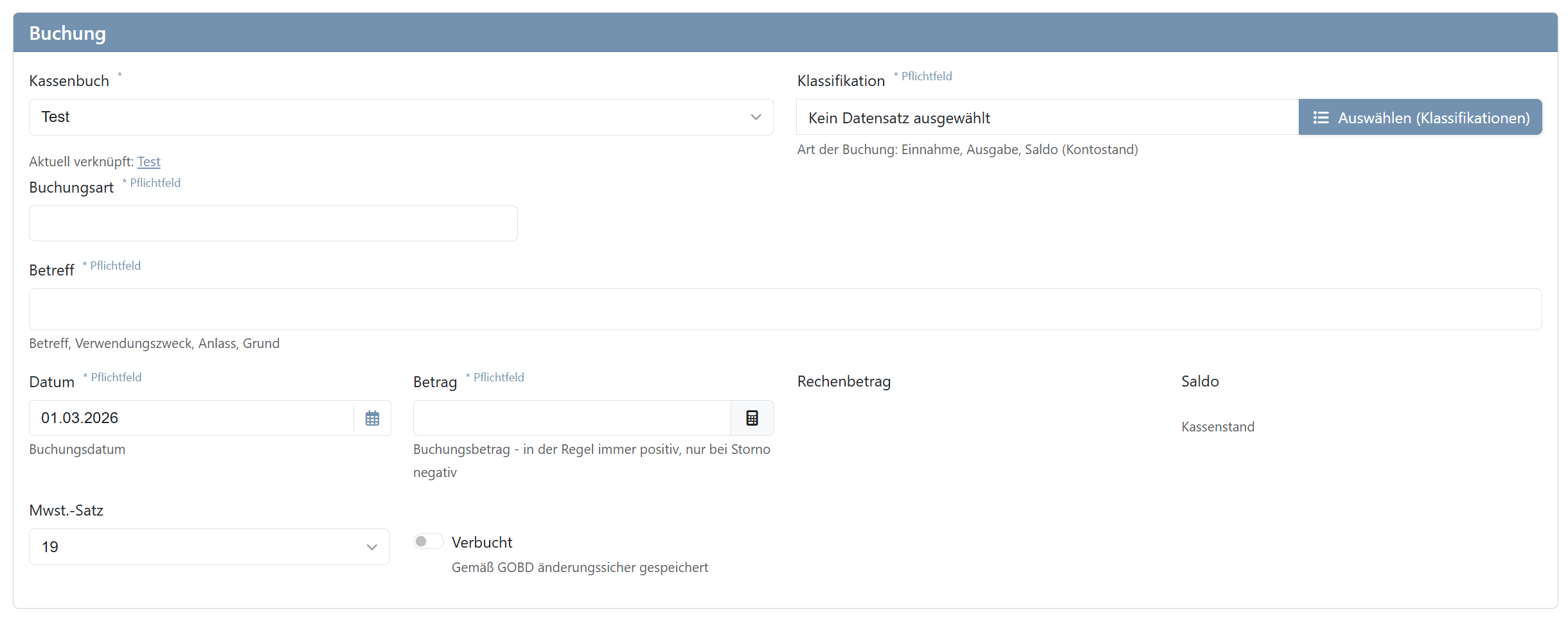Eingabemaske Buchung
