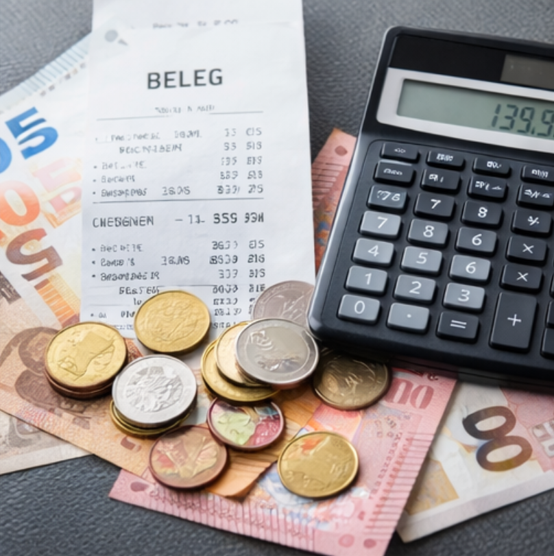 Kostenerfassung mit Diagrammen und Symbolen.