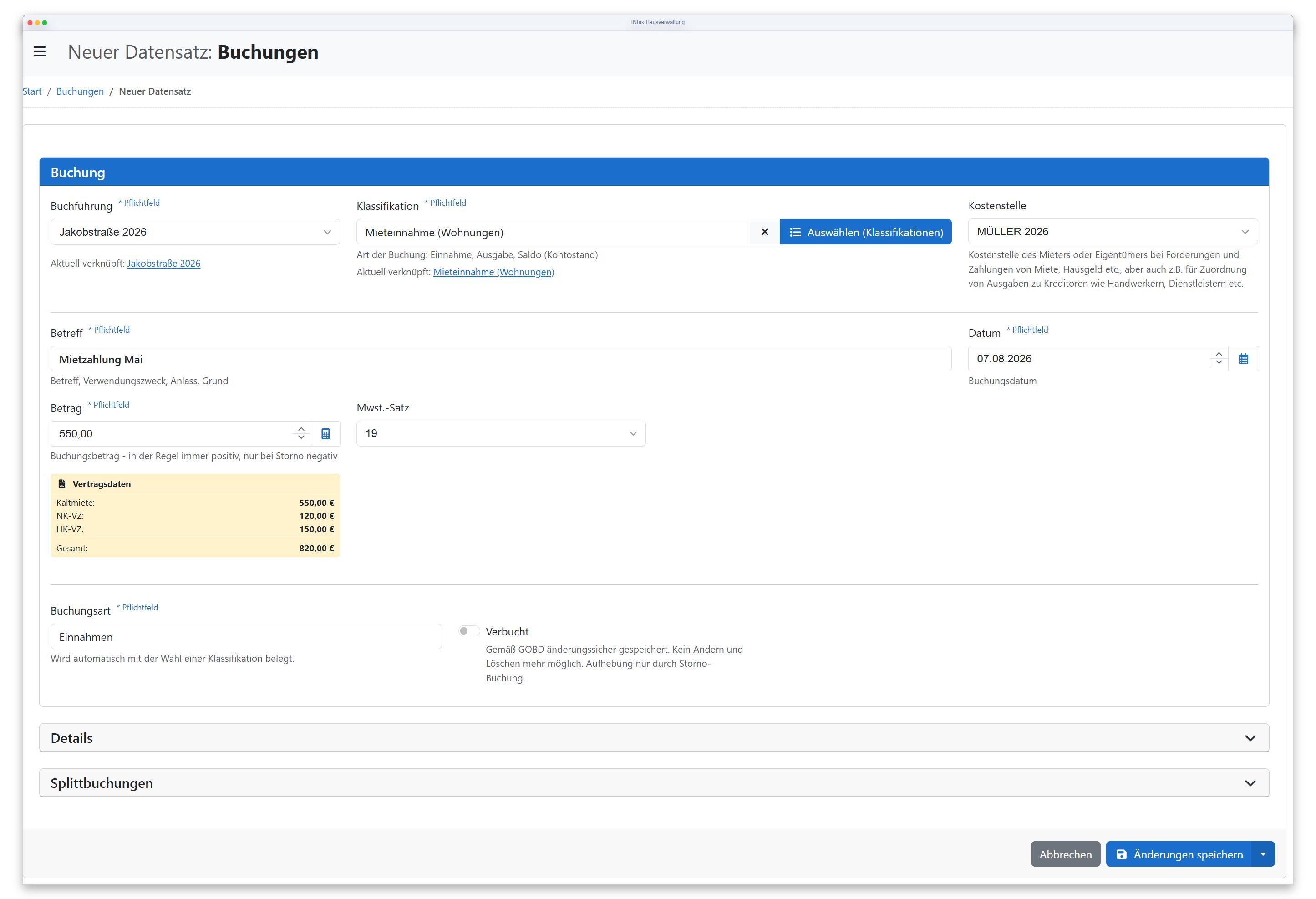 Erfassung von Mieterträgen in der Software