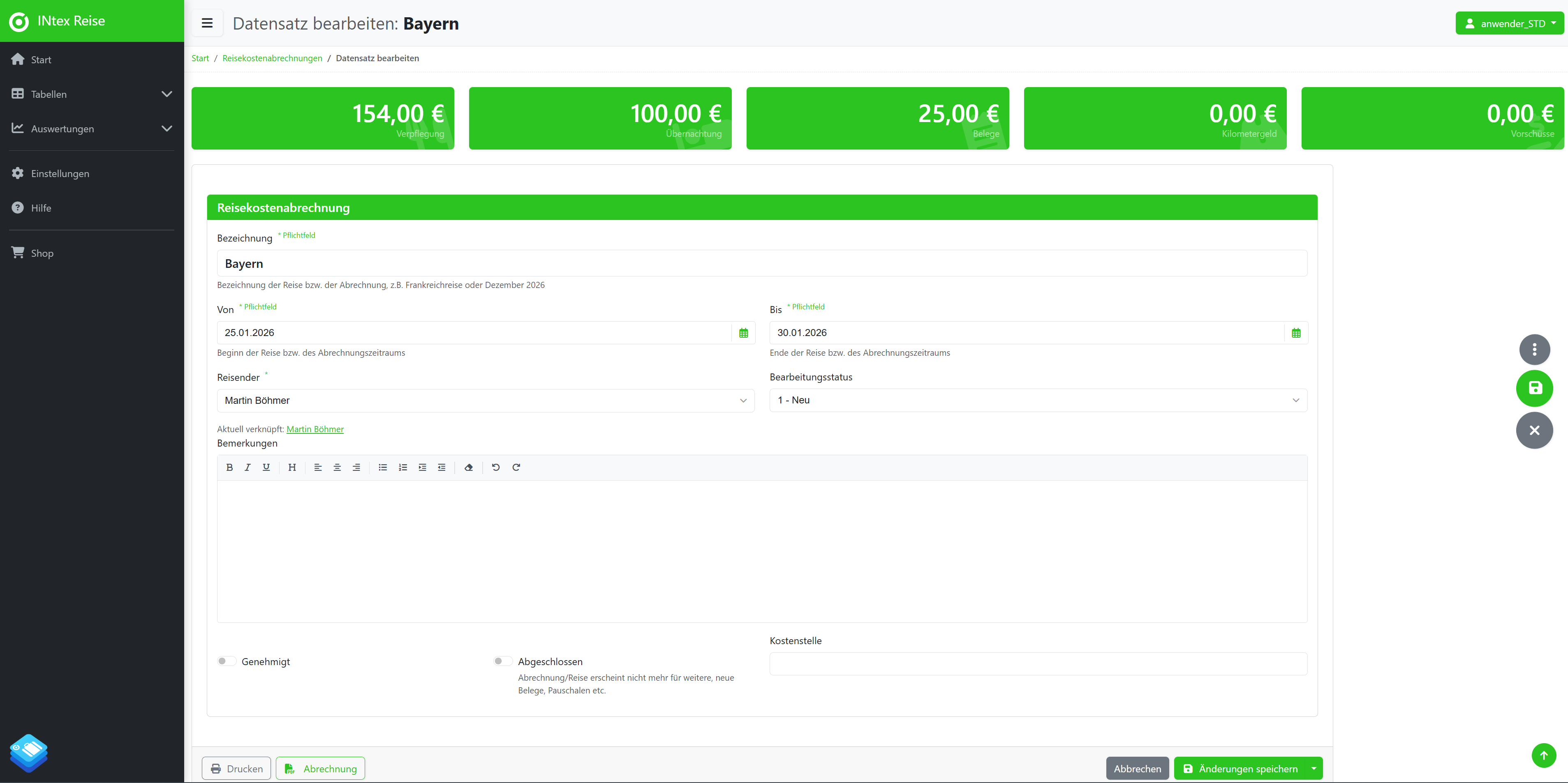 Reise Kostenübersicht und Export